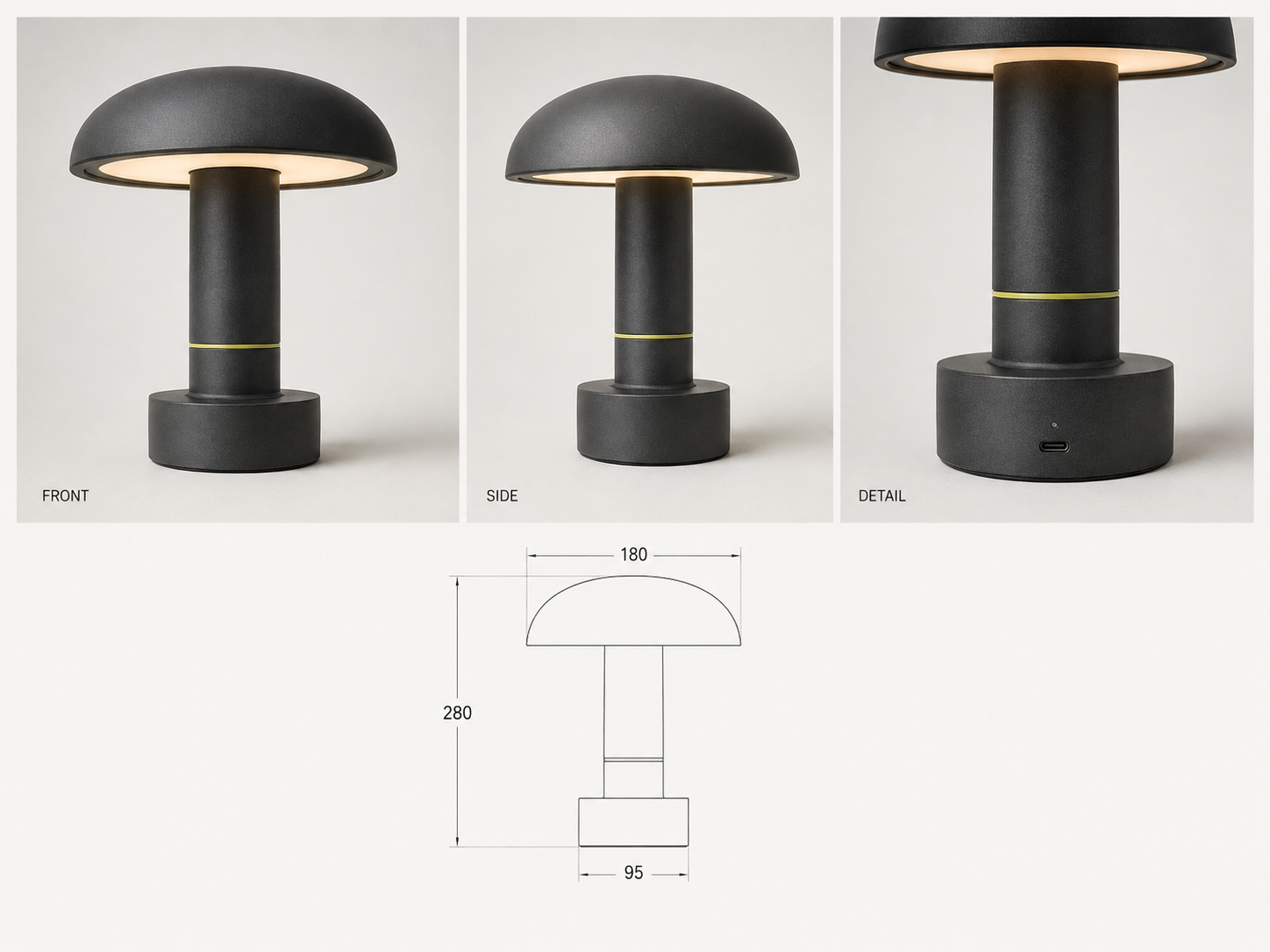 Demonstration product reference pack showing front, side, detail, and measured views of a lamp Demonstration product reference pack showing front, side, detail, and measured views of a lamp