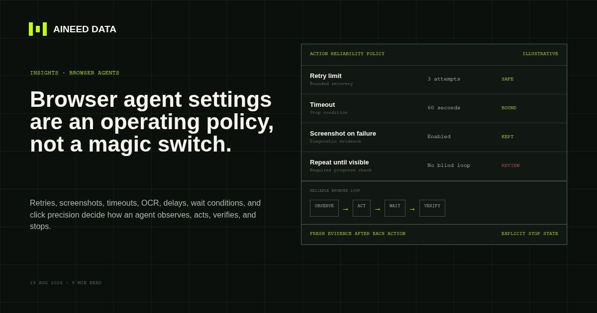 Browser agent reliability settings and observe-act-wait-verify loop